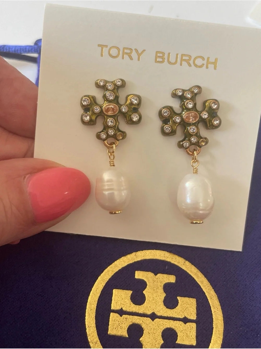 Tory Burch Gold Crystal Floral Earrings with White Pearl Drops
